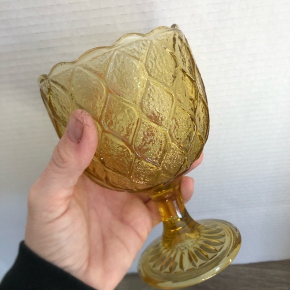 Vtg Quilted Amber Glass Goblet - Picture 10 of 15